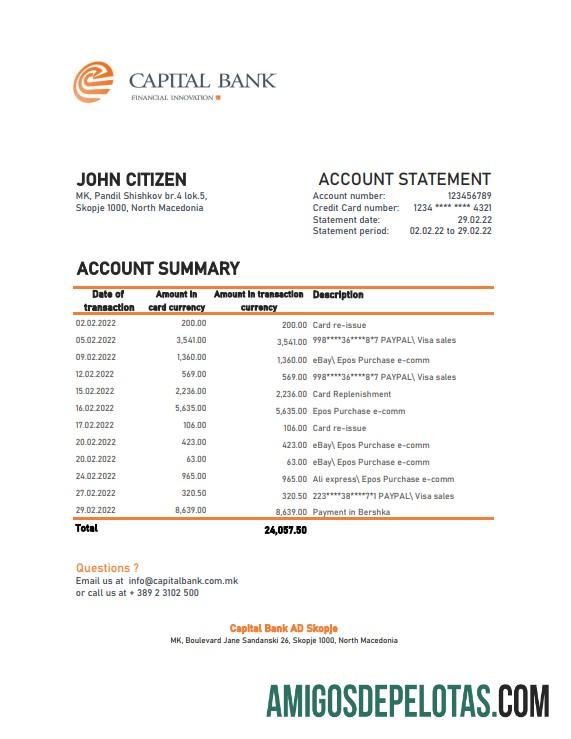 Extrato bancário de capital da Macedônia do Norte para impressão, modelo Excel e PDF